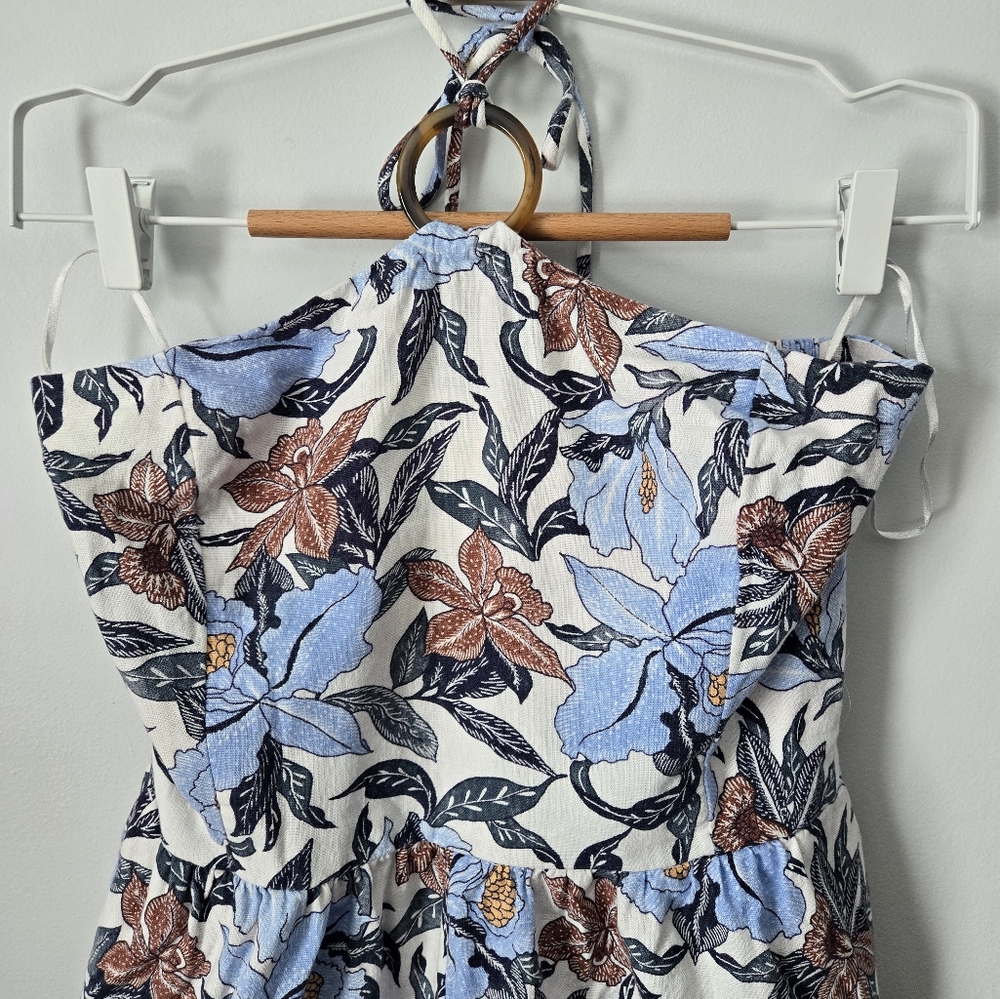 OLD NAVY Floral Halter Neck Blue Brown And White Linen Blend Romper - Picture 2 of 16